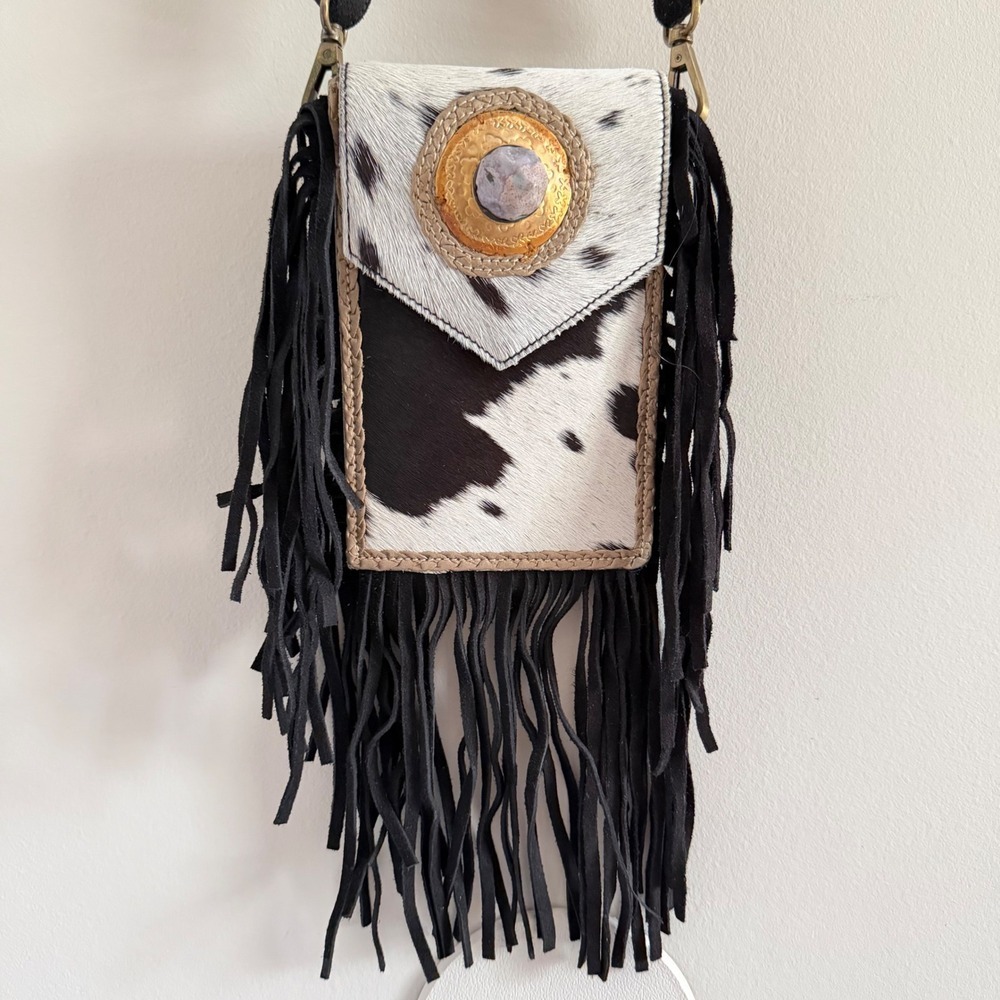 Genuine Hair-On Cowhide Fringe Crossbody & Belt Bag Black White Western Concho